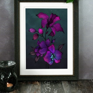 Purple Orchids Giclée Art Print | Orchid Illustration | Gothic Home Decor | Botanical Wall Art | Purple Decor | Floral Art | Magic Art Print