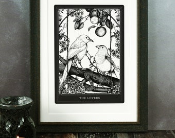 The Lovers Art Print | Tarot Wall Art | Tarot Card Print | Occult Art | Magpie Illustration | Two for Joy | Witchy Home Decor | Gothic Print