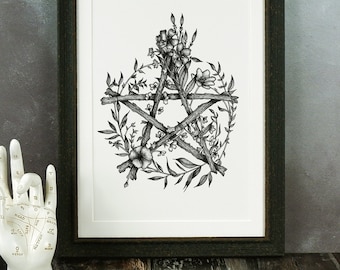 Floral Pentacle Art Print | Pentagram Illustration | Witchcraft and Wicca | Pagan Wall Art | Botanical Art | Occult Art | Witchy Home Decor