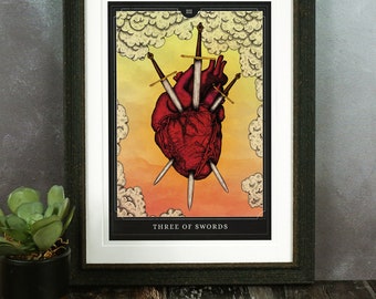 Three of Swords Giclée Print | Tarot Card | Anatomical Heart | Heart & Sword | Heart Illustration | Spiritual Art | Dark Wall Art