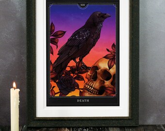 Death Tarot Art Print | Tarot Wall Art | Tarot Card | Occult Art | Raven Illustration | Skull Art Print | Witchy Home Decor | Gothic Art