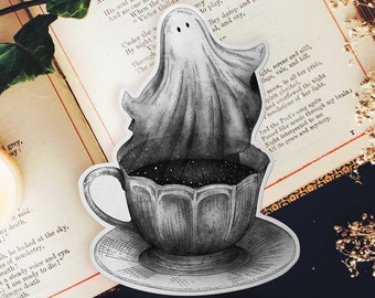 Ghost Tea Vinyl Sticker | Laptop Decal | Ghost in a Teacup | Halloween | Gothic Stationery | Creepy Cute | Spooky Illustration
