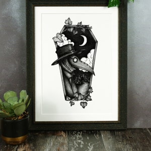 Plague Doctor Art Print | Horror Wall Art | Coffin Illustration | Crescent Moon | Dark and Macabre | Halloween Style | Gothic Home Décor