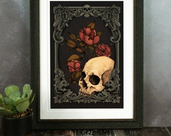 Memento Mori Giclée Print | Skull Wall Art | Skull and Flowers | Vintage Style | Skull Illustration | Gothic Home Decor | Botanical Art