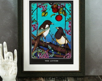 The Lovers Giclée Print | Tarot Wall Art | Tarot Card | Occult Art | Magpie Illustration | Two for Joy | Witchy Home Decor | Gothic Art