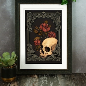Memento Mori Giclée Print | Skull Wall Art | Skull and Flowers | Vintage Style | Skull Illustration | Gothic Home Decor | Botanical Art