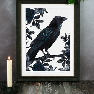 Raven and Roses Art Print | Gothic Home Decor | Corvid Illustration | Dark Rose Print | Bird Lover Gift | Raven Wall Art | Halloween Style