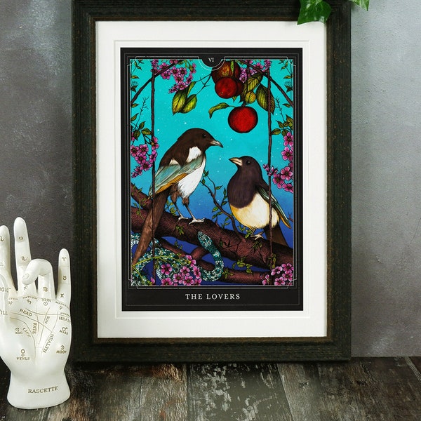 The Lovers Giclée Print | Tarot Wall Art | Tarot Card | Occult Art | Magpie Illustration | Two for Joy | Witchy Home Decor | Gothic Art