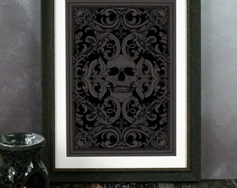 Morteria Art Print | Skull Wall Art | Vintage Floral | Witchy Things | Dark Art | Gothic Home Decor | Skull Illustration | Black and Grey