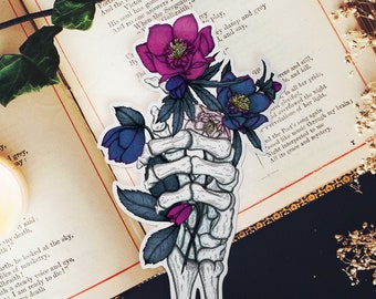 Skeleton and Hellebores Vinyl Sticker | Gothic Stationery | Laptop Decal | Memento Mori | Dark Art | Botanical Art | Hellebore Illustration