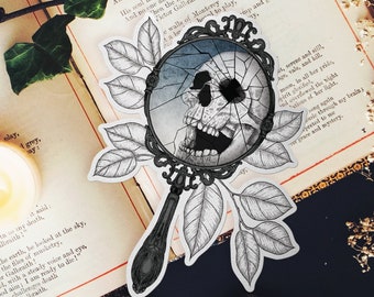 Skull Mirror Vinyl Sticker | Magic Mirror | Laptop Decal | Witchy Stationery | Skull Illustration | Dark Art | Botanical Art | Memento Mori