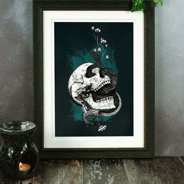 Serpent et crâne Giclée Print | Impression d’art gothique | Art mural du crâne | Illustration de serpent | Décoration gothique | Art sombre | Art macabre