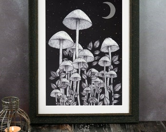 Star Mushrooms | Silver Foil Art Print | Gothic Home Decor | Crescent Moon | Mushroom Forest | Magical Wall Art | Mushroom Illustration