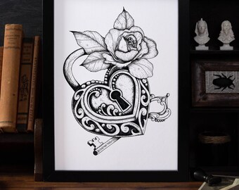 Lover's Lock Digital Art Print | Gothic Home Decor | Heart Lock | Lock and Key | Tattoo Wall Art | Vintage | Heart and Rose | Ornate Lock