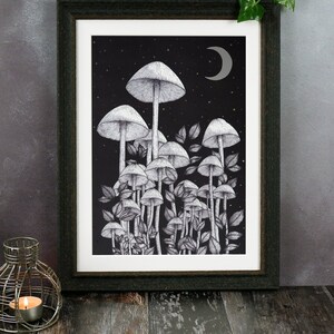 Star Mushrooms | Silver Foil Art Print | Gothic Home Decor | Crescent Moon | Mushroom Forest | Magical Wall Art | Mushroom Illustration