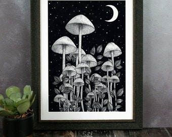 Star Mushrooms Art Print | Witchy Home Decor | Crescent Moon | Mushroom Forest | Magical Wall Art | Enchanted Mushrooms | Gothic Decor