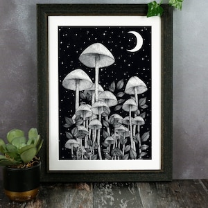 Star Mushrooms Art Print Witchy Home Decor Crescent Moon Mushroom Forest Magical Wall Art Enchanted Mushrooms Gothic Decor image 1