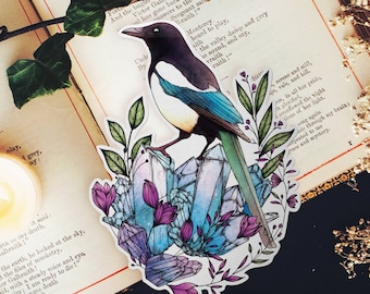 Crystal Magpie Vinyl Sticker | Magpie Sticker | Laptop Decal | Gothic Stationery | Crystal Sticker | Witchy Illustration | Botanical Art