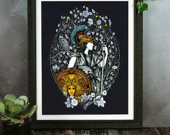 Goddess Athena Giclée Print | Greek Mythology | Goddess Illustration | Mythology Art | Fantasy Wall Art | Art Nouveau | Botanical Art Print