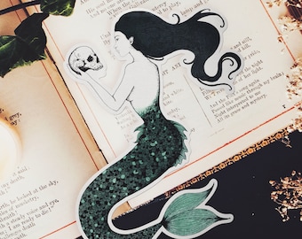 Siren Vinyl Sticker | Mermaid with Skull, Gothic Art