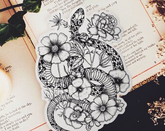 Floral Snake Vinyl Sticker | Witchy | Ouroboros | Laptop Decal | Tattoo Art | Snake and Flowers | Dark Art | Nature Art | Gothic Stationery