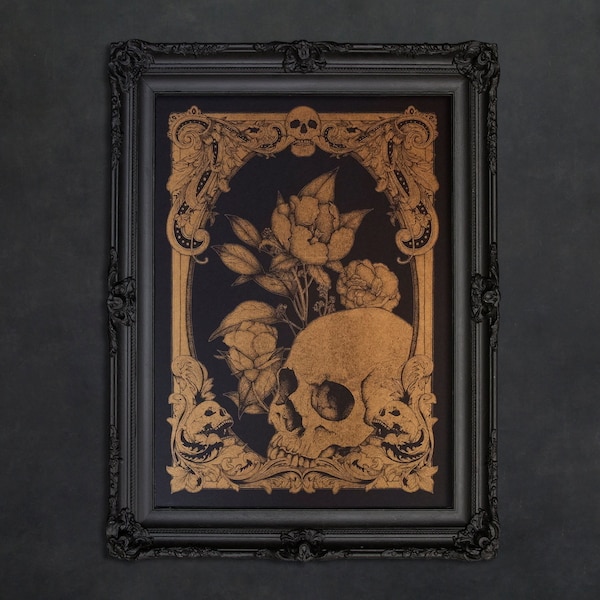 Memento Mori Art Print | Skull Wall Art | Skull and Flowers | Vintage Style | Skull Illustration | Gothic Home Decor | Risograph