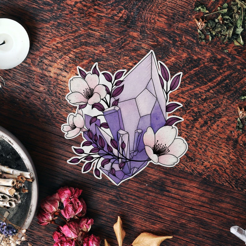 Purple Crystals Vinyl Sticker Laptop Decal Gothic Stationery Witchy Sticker Crystal Illustration Botanical Art Pastel Goth image 3