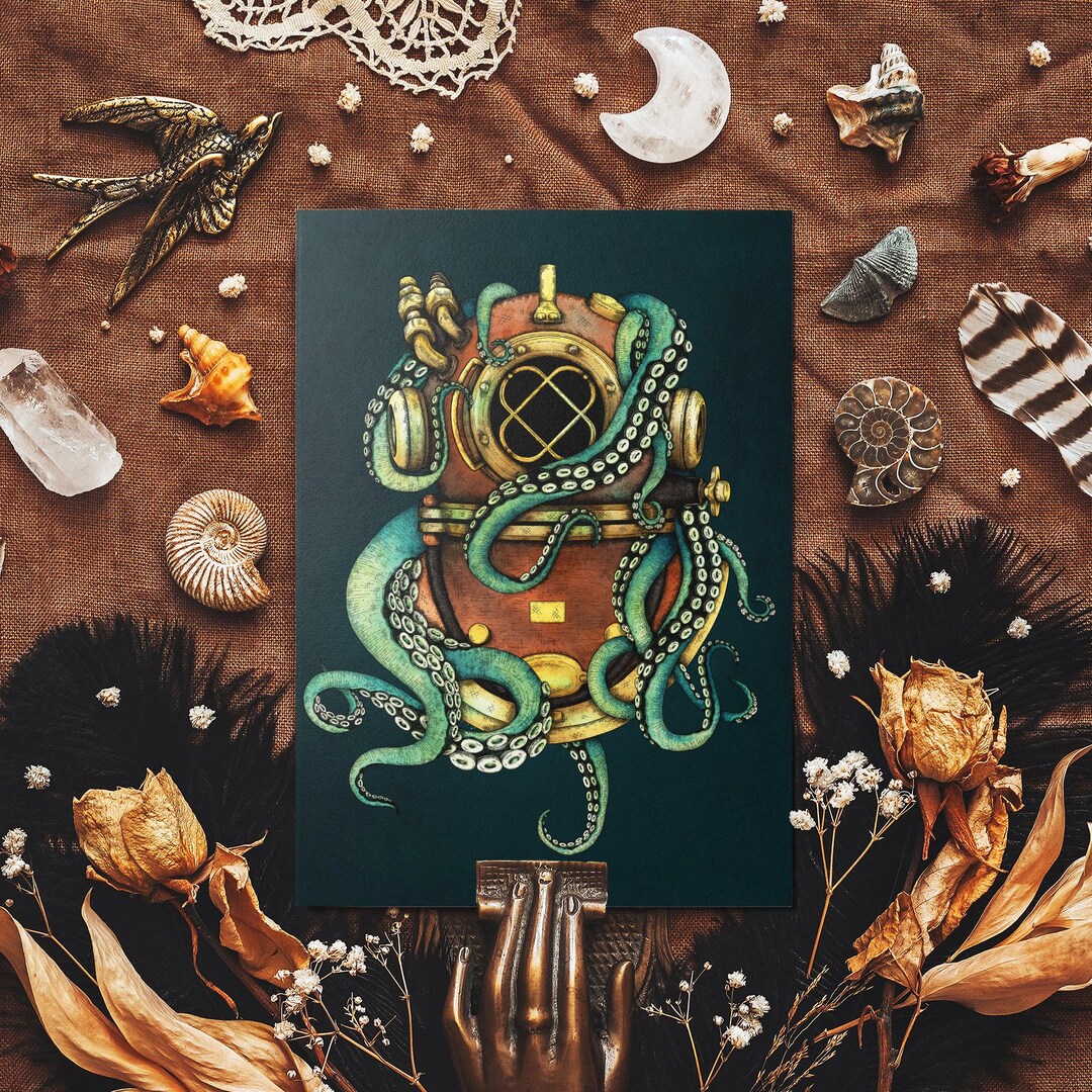 Vintage Diver Helmet Octopus Postcard – Nautical Gothic Art - Etsy