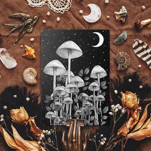 Sternenlichtpilze Postkarte - Gothic Botanische Illustration - Dark Fantasy Kunst - Schwarz und Weiß - Pilz im Mondlicht - Whimsigoth