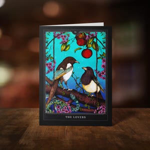Carte de voeux de tarot des amoureux - carte de la Saint-Valentin - carte de tarot - illustration de pie - deux pour la joie - carte de sorcière - fantaisie