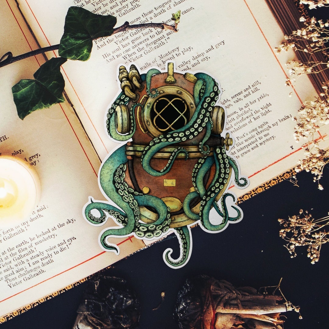Diver Helmet Octopus Vinyl Sticker | Lovecraft Nautical Art - Etsy