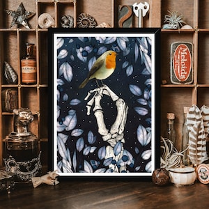 Skeleton Hand & Robin Giclée Print – Gothic Nature Wall Art