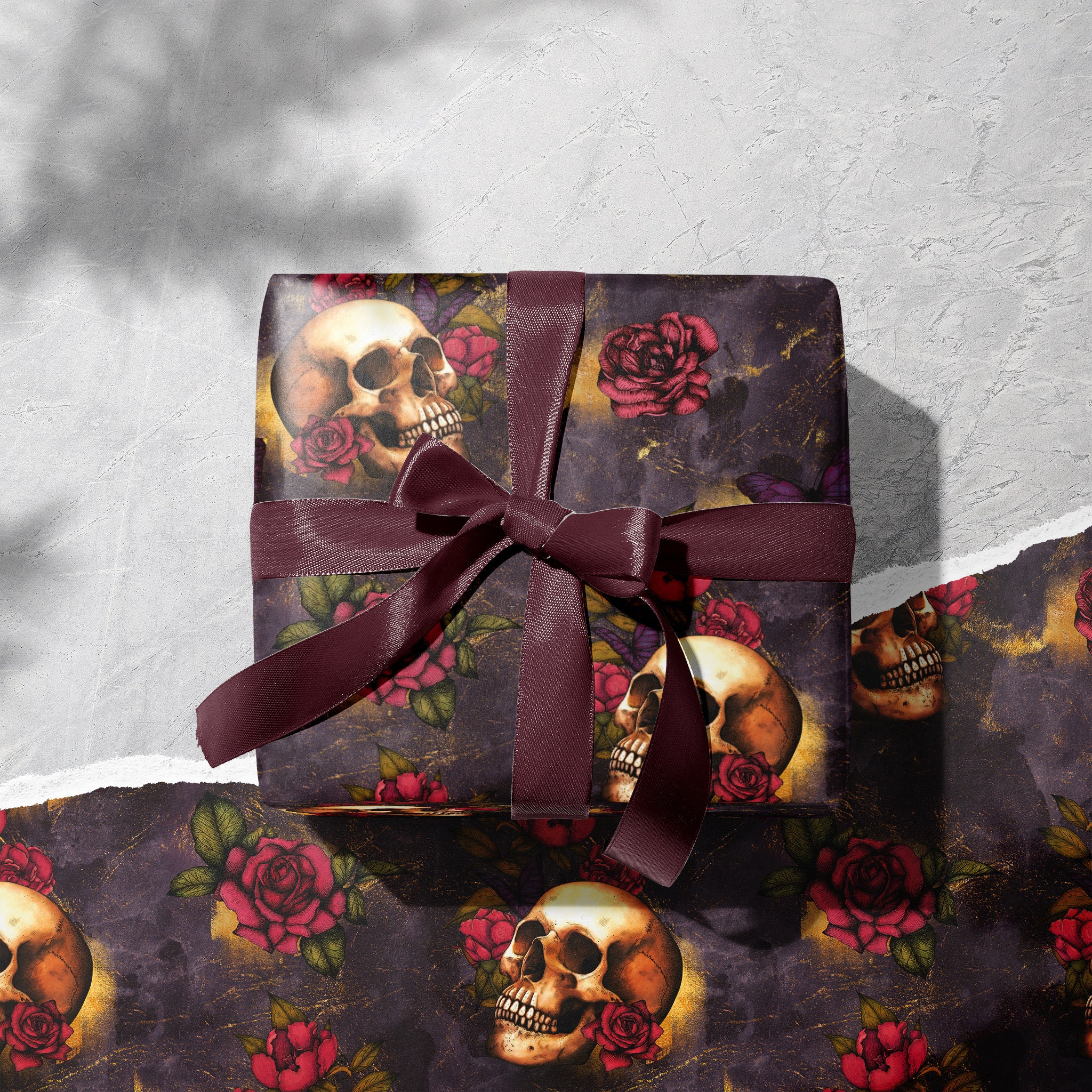 Spooky Gift Wrap Pack, Black, White and Red Halloween Wrapping Paper Sheets  W/ Watercolor Skulls, Goth Spider Webs, and Witchy Botanicals 