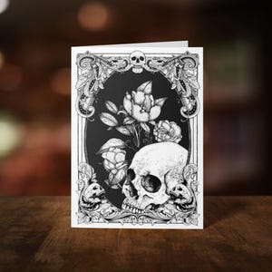 Memento Mori - Carte de voeux - Art gothique tête de mort - Illustration florale sombre - Gothique victorien - Cadeau macabre - Noir et blanc - Memento Mori
