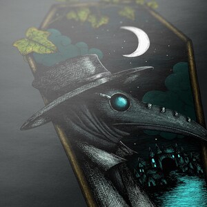 May include: A black and white illustration of a plague doctor wearing a hat and a long beak mask. The doctor is standing in front of a dark cityscape with a crescent moon in the sky.