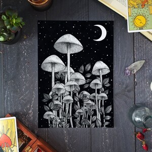 Star Mushrooms Art Print Witchy Home Decor Crescent Moon Mushroom Forest Magical Wall Art Enchanted Mushrooms Gothic Decor image 2