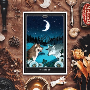 Der Mond Giclée Print | Mond Tarot Druck | Himmlische Kunst | Witchy Wohnkultur | Mondkind | Wolf Druck | Mond Illustration | Tarot Karte