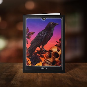 Tarot de la mort - carte de voeux - illustration de corbeau et de crâne - art occulte - amateurs de tarot - amis sorcières - papeterie gothique - fantaisie