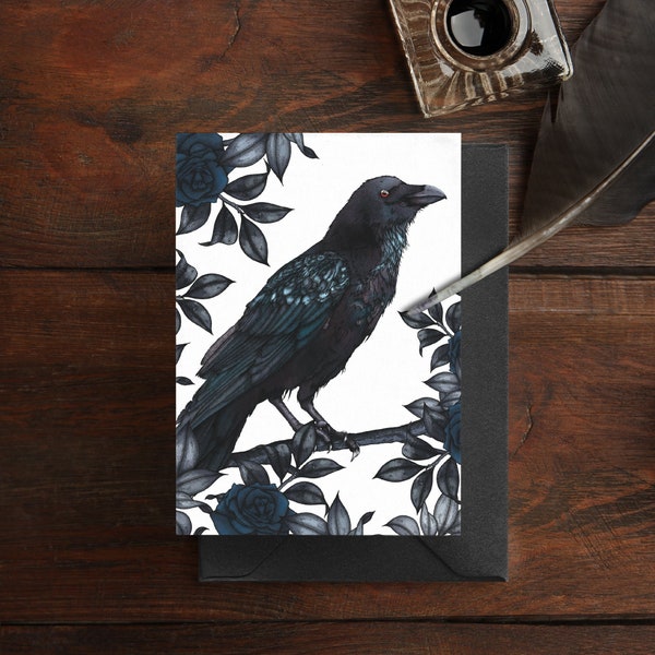 Raven and Roses Greeting Card | Gothic Stationery | Corvid Illustration | Dark Rose | Bird Lover Card | Raven Card | Halloween Style