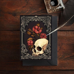 Memento Mori Greeting Card | Gothic Stationery | Dark Art | Botanical Art | Skull & Flowers | Vintage Style | Skull Illustration