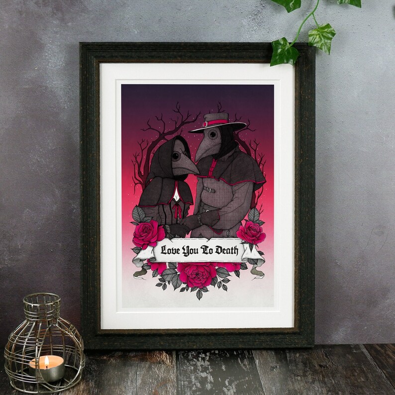 Love You To Death Plague Doctor Art Print Gothic Home Decor Valentines Anniversary Romantic Art Dark Art The Lovers Macabre image 1