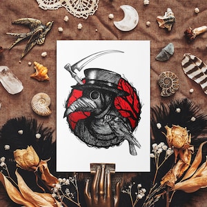 Pestdoktor und Raben Postkarte - Gothic Illustration - Makaber Kunst - Dark Fantasy Dekor - Halloween Kunst - Rot und Schwarz - Whimsigoth