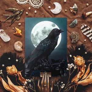 Carte postale corbeau et pleine lune - Edgar Allan Poe - Illustration d'oiseau gothique - Nature sombre - Nuit mystique - Papeterie gothique - Art de corbeau