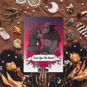 Carte postale Love You To Death - Plague Doctor Art - Romance sombre - Roses et mort - Illustration de la Saint-Valentin - Papeterie gothique