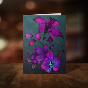 Lila Orchideen - Grußkarte - Dunkle botanische Kunst - lebendige Blumenillustrationen - gotische Schreibwaren - Naturliebhaber - Whimsigoth