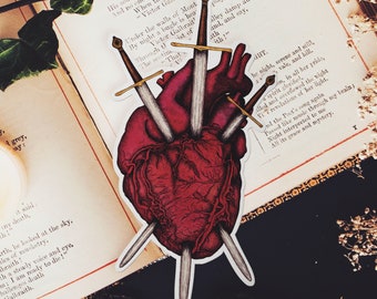 Swords and Heart Vinyl Sticker | Three of Swords | Tarot Illustration | Tattoo Art | Laptop Decal | Anatomical Heart | Gothic Stationery