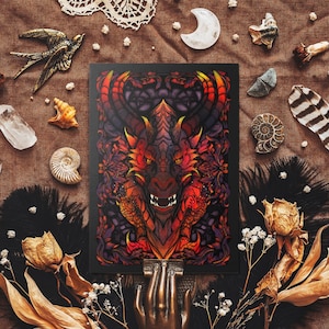 Ember Dragon Postkarte - Gothic Fantasy Illustration - Feuriger roter Drache - Dunkles Fabelwesen - Fantasy Briefpapier - Gothic Home Decor