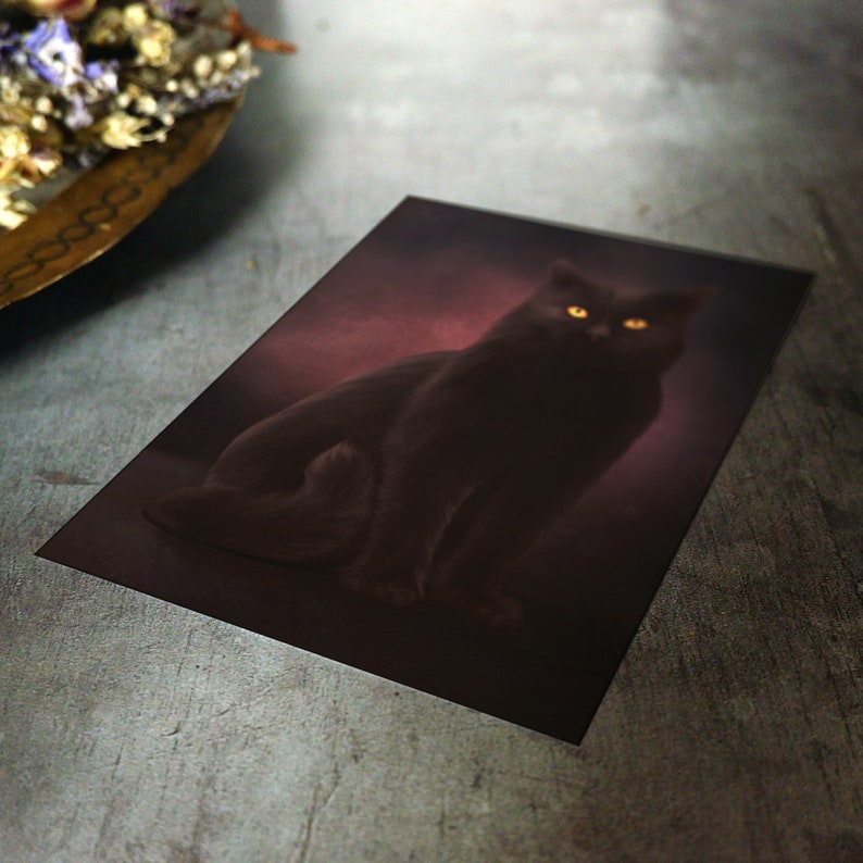 Black Shadow Cat Postcard Mini Art Print Witchy Decor Gothic Stationery Cat Wall Art Gothic Home Decor British Shorthair 画像 3