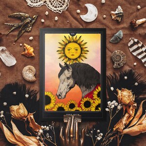 Carte postale tarot soleil - Illustration cheval et tournesol - tarot vintage - papeterie sorcière - décoration gothique