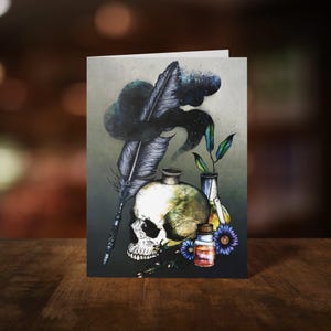 Federkiel und Tinte - Grusskarte - Alchemie Totenkopf - Gothic Federkiel und Tinte Illustration - Dark Fantasy Kunst - Gothic Schreibwaren - Whimsigoth